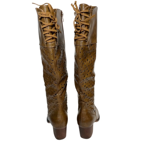 NIB Wanted Brown Heeled Knee Boot Side Zip Laser Cut-out Laced Back Faux Leather - Picture 4 of 10